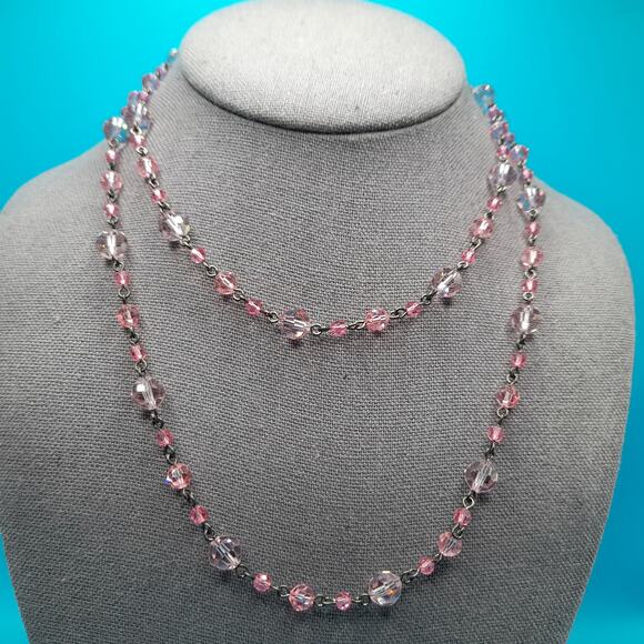 Vintage Pink Crystal Bead Wire Wrapped Necklace, Pink Beads, 34 Inches - Picture 6 of 10